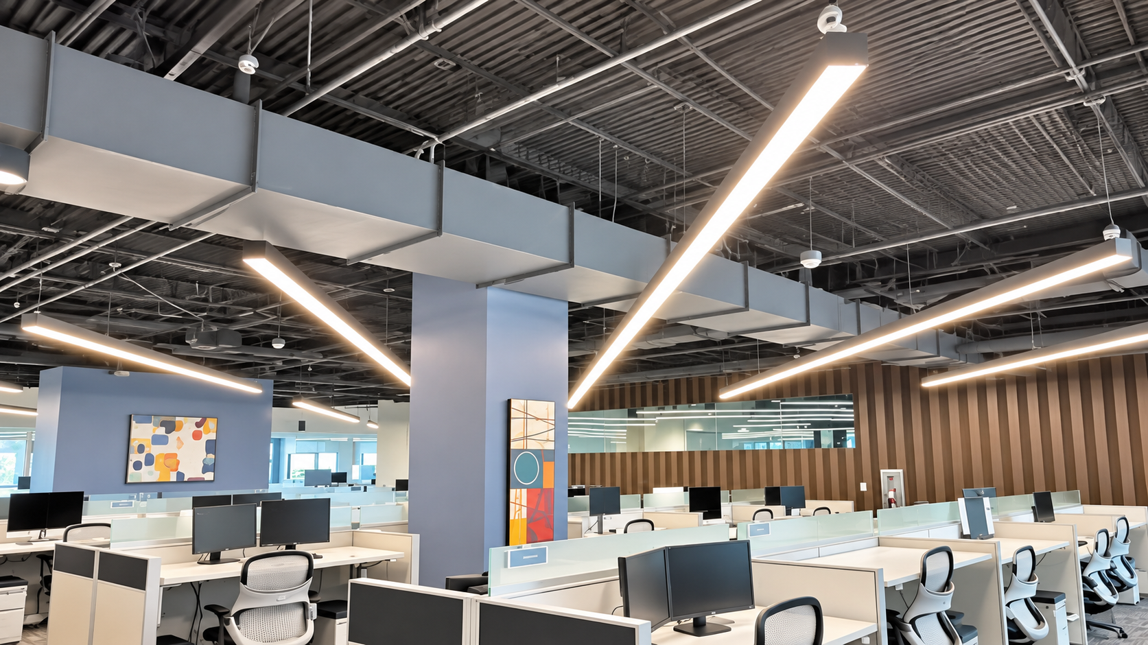 Open office tenant improvement with workstations and modern linear lighting